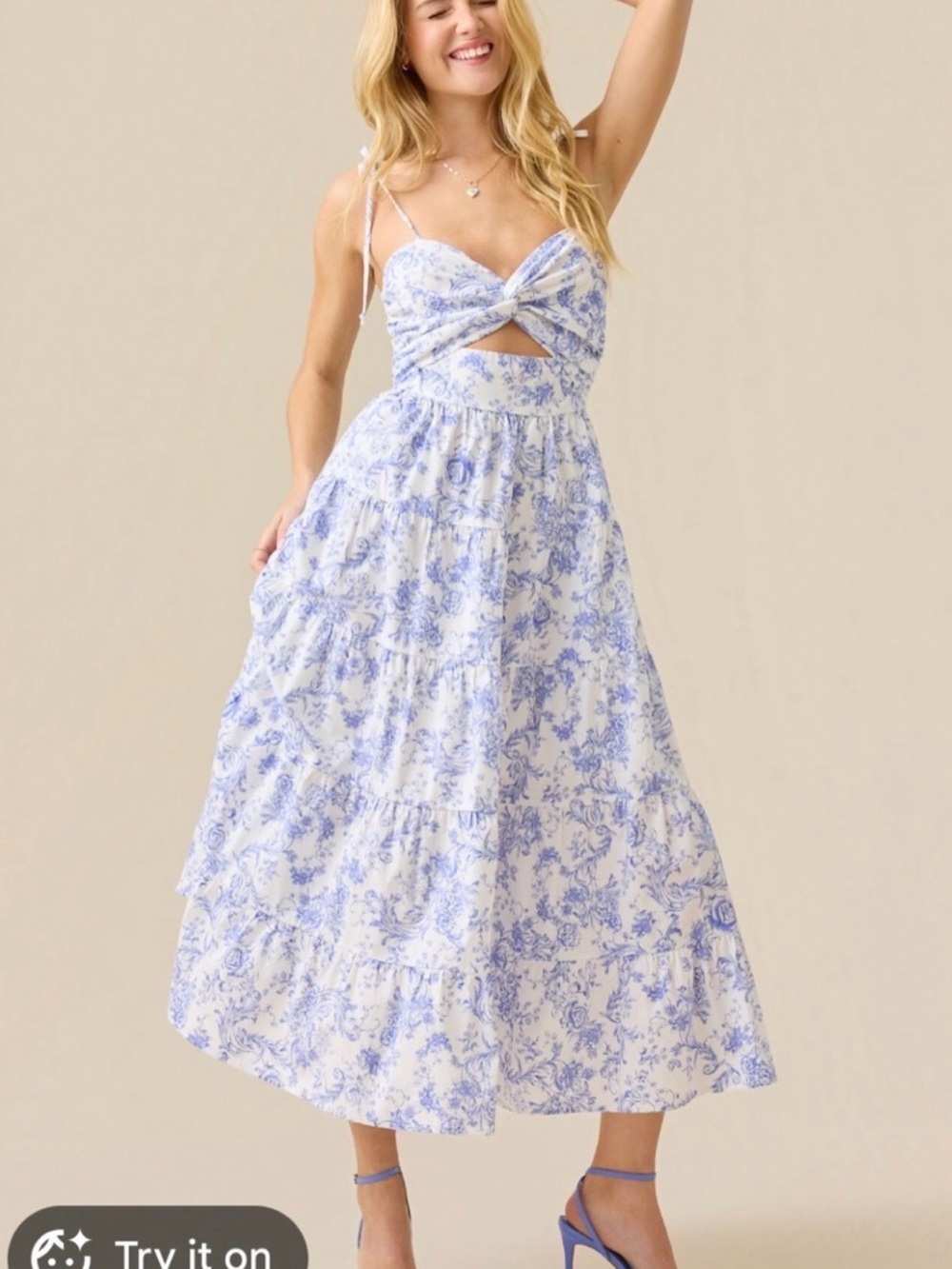 Altar'd State White and Light Blue Floral Midi Dress with Front Twist